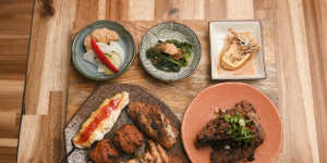 Tori set with miso,yakitori,fried chicken and little plates of pickles.