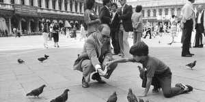 Former Canadian Prime Minister Pierre Trudeau with his eight-year-old son Justin in Venice in 1980.