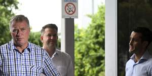 Darren Zanow,a concrete business owner who campaigned on youth crime,looks set to win Ipswich West. He is watched by state opposition leader David Crisafulli at a press conference on Sunday.