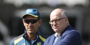 Former Cricket Australia chairman Earl Eddings with Justin Langer on the Ashes tour in 2019.