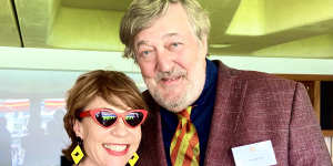 Kathy Lette at the Test match with her friend and cricket tutor Stephen Fry,the current president of the Marylebone Cricket Club.