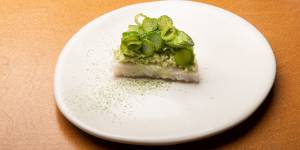 Poutou (steamed rice and coconut cake) dressed in asparagus and coriander,mint and coconut chutney.