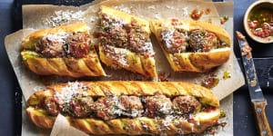 Meatball subs with chimichurri.