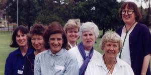 WEL members at the organisation’s 20th anniversary celebration in 1992. From left:Katy Richmond,Jan Harper,Jocelyn Mitchell,Iola Mathews,Val Byth,Joyce Nicholson and founder Beatrice Faust.