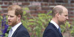 Prince Harry,left,and Prince William stand together during the unveiling of a statue they commissioned of their mother Princess Diana in 2021.
