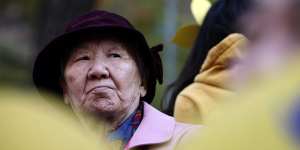 Kil Won-Ok,one of the former South Korean'comfort women'at a protest in Seoul in 2014.