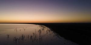 An aerial view of Lake Menindee at sunset,where conditions are the best in years.