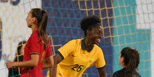 Princess Ibini scores her first goal for the Matildas.