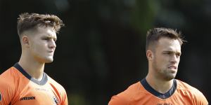 Jake Simpkin and Luke Brooks at the Tigers’ training session on Wednesday.