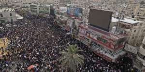 Broad following:Mourners gather in the West Bank town of Nablus to bury Lions’ Den militants killed by Israeli forces in October 2022.