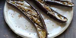 Baked eggplant with miso and sesame.
