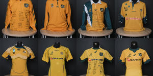 Wallabies jerseys from (top row,L-R) 1984,1991,1997,1999,(bottom row L-R) 2007,2010,2015 and 2020. 