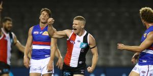 Dan Hannebery celebrates after scoring a goal during the match between the Saints and the Western Bulldogs in round three last year.