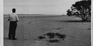 A farmer surveys his Mallee land during drought in the 1940s.