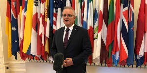 Prime Minister Scott Morrison speaks at the OECD in Paris on Thursday.