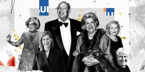 Kerry Packer and guests who attended the 70th birthday party of his beloved Australian Women’s Weekly,from left:Dame Edna Everage,Deborah Thomas,Ros Packer,Ita Buttrose and Dawn Fraser.