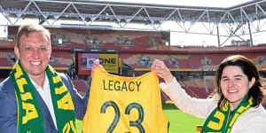 Deputy Premier Steven Miles and Football Australia’s Sarah Walsh talking ‘legacy’ at Suncorp Stadium on Wednesday.