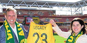 Deputy Premier Steven Miles and Football Australia’s Sarah Walsh talking ‘legacy’ at Suncorp Stadium on Wednesday.