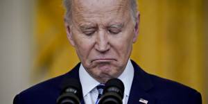 US President Joe Biden pauses while speaking about the Russian invasion of Ukraine in the East Room of the White House