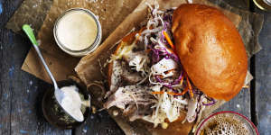 Pulled pork and coleslaw burgers with chipotle mayonnaise.