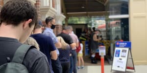Queues at a pop-up vaccination clinic at Roma Street station in Brisbane on Tuesday.