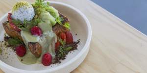 Shibuya-style honey toast with matcha custard,black sesame ice-cream,fruit and flowers.