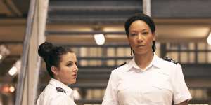 Leigh Henry (Nina Sosanya) and new recruit Rose Gill (Jamie-Lee O’Donnell) in oddball prison comedy-drama Screw.