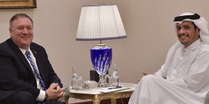 From left,U.S. Secretary of State Mike Pompeo meets with Qatar's Foreign Minister Sheikh Mohammed bin Abdulrahman Al Thani.