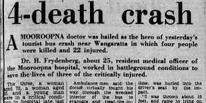The Age's report of June 21,1966 on the Hume Highway crash and Harry Frydenberg's heroism.