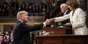 House Speaker Nancy Pelosi shakes hands with President Donald Trump at the State of the Union address.