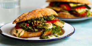 A roasted vegie sandwich with pesto AND hummus AND halloumi.