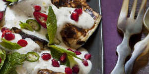 Purple heart:Grilled eggplant with tahini and yoghurt dressing,pomegranate,chilli and mint.