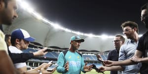 The Test:Justin Langer,coach of Australia,speaks to the media after day five of the First Test match in the series between Australia and Pakistan at Dubai International Stadium on October 11,2018.