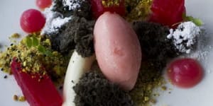 Poached watermelon,black sesame cake,pistachio crumbs,and yoghurt jelly.