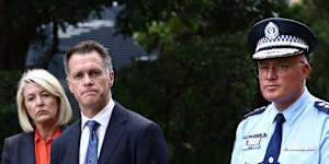 Left to right:Police minister Yasmin Catley,NSW premier Chris Minns and police commissioner Mal Lanyon.