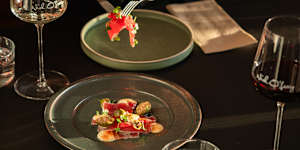 Tuna crudo with fermented capsicum mayo and caperberries.
