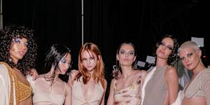 Bec&Bridge Backstage at Australian Fashion Week. Hair by Diane Gorgievski from Redken and make-up from Lara Srokowski at Lancôme.