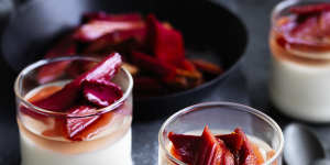Neil Perry's vanilla panna cotta with champagne jelly and rhubarb.