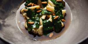 Slippery jack agnolotti with black cabbage and fresh pinenuts.