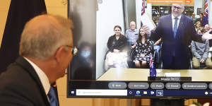 Keith Pitt at the swearing-in ceremony on Friday July 2,2021,via video link. Pitt learned later that year that the then-prime minister had also taken on the resources portfolio.
