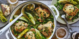 Braised chicken with peas and lettuce.