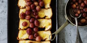 Honey baked ricotta with roasted red grapes.