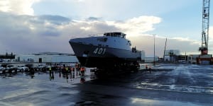 Wrapped up with a bow:First Pacific patrol boat hits the water