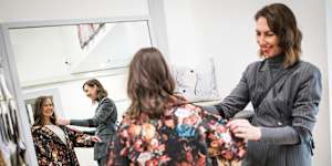 Personal stylist Sally Mackinnon makes the fitting room fun for journalist Hanna Mills Turbet at Melbourne boutique Alpha60.