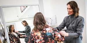 Personal stylist Sally Mackinnon makes the fitting room fun for journalist Hanna Mills Turbet at Melbourne boutique Alpha60.