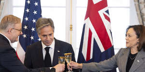 Albanese,US Secretary of State Antony Blinken and Vice President Kamala Harris during a state luncheon.