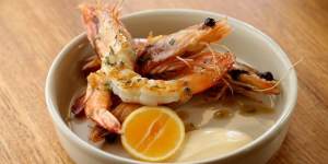 Juicy:Pan-fried Spencer Gulf prawns in garlic butter.