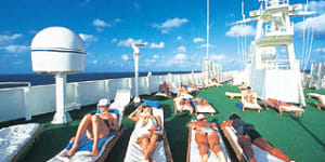 Personality plus ... (from far left) Shirley Johnson's 1952 passport;relaxing on the Athena's deck;it's always show time in the lounge;sweet temptation;cocktails.