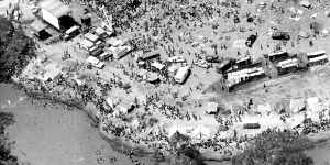 Aerial view of the scene at the 1972 Sunbury pop festival.