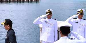 Indonesia's President Joko Widodo,left,on a military base in the Natuna waters in January.